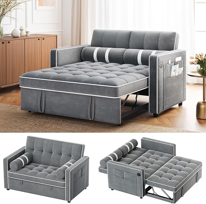 Amada 3 in 1 Convertible Sleeper Sofa Bed, Futon Couches for Living Room with USB Ports&Side Pocket | Adjustable Backrest| Velvet Fabric | Pull Out Couch | Loveseat | Sectional Sofa Bed, Grey