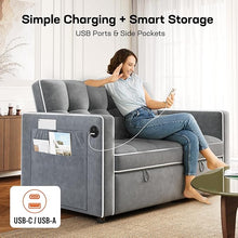 Load image into Gallery viewer, Amada 3 in 1 Convertible Sleeper Sofa Bed, Futon Couches for Living Room with USB Ports&amp;Side Pocket | Adjustable Backrest| Velvet Fabric | Pull Out Couch | Loveseat | Sectional Sofa Bed, Grey
