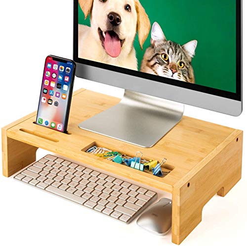 AMBMS03 Bamboo Computer Monitor Riser Stand for Home, Office Computer, Laptop