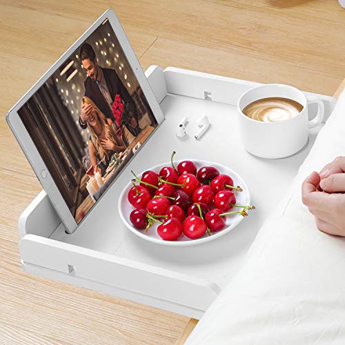AMBS03 Bedside Shelf with Cable Management & Cup Holder, Use as Snack Table (White)