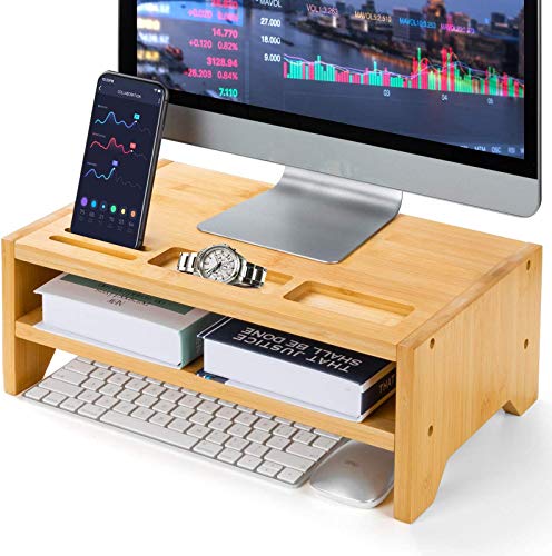 AMBMS05 2-Tier Bamboo Monitor Riser Stand for Home and Office Computer, Laptop